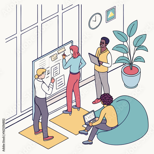 Diverse team collaborating on a project using a whiteboard and laptops in a modern office setting