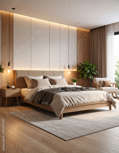 Cosy minimalist bedroom decoration scandinavian style comfortable home environment inviting bedchamber viewpoint with pillows and plants