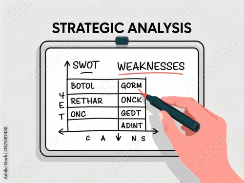 Hand writing SWOT analysis chart on whiteboard; business strategy, planning, weaknesses, opportunities concept; flat vector illustration.