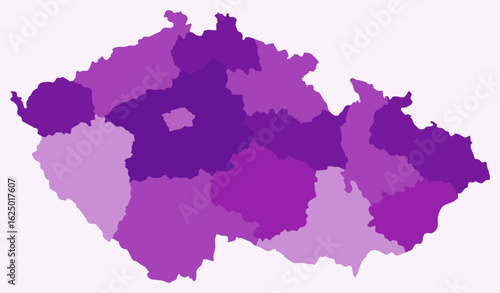 Map of Czechia with regions. Just a simple country border map with region division. Purple color palette. Plain Czechia shape with administrative division. Vector illustration.