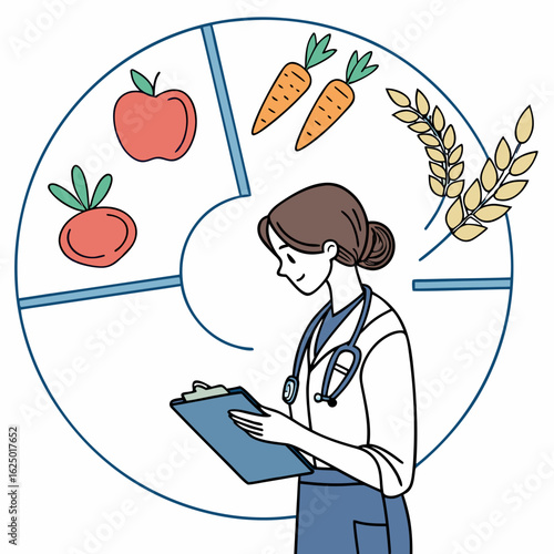 Nutritionist consulting patient on healthy eating plan with fruits vegetables and grains depicted in a circular diagram