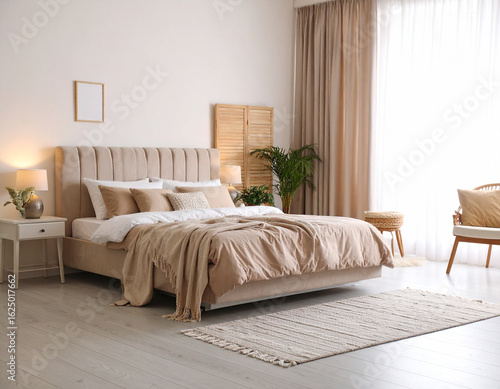 Cosy minimalist bedroom design in a scandinavian home elegant bedchamber decoration with comfortable pillows and natural light