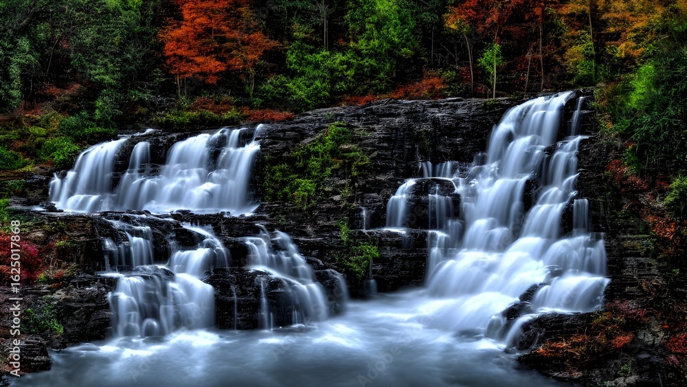 Fototapeta premium Autumn forest landscape with a beautiful waterfall flowing between green rocks and trees