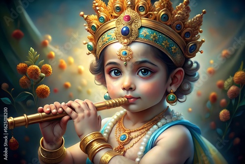 Young krishna plays flute amidst floral surroundings