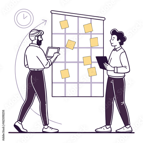 Two business people collaborating on a project using a kanban board with sticky notes and tablets