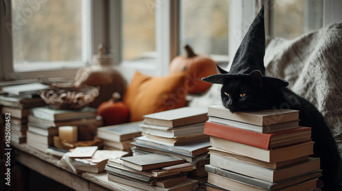 Black cat wearing a witch's hat sitting on a pile of books