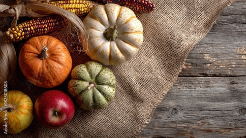 Vibrant autumn pumpkins, corn and apple on rustic wooden burlap