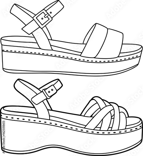 Stylish platform sandals, summer footwear, fashionable wedge sandals, trendy women's shoes, comfortable high heel sandals, versatile sandal designs, illustration, vector