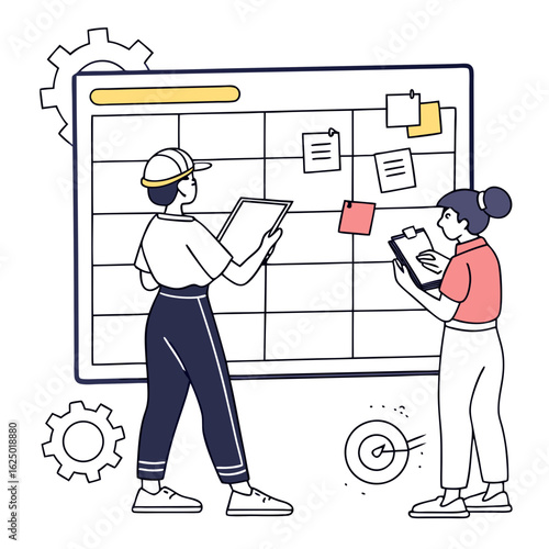 Two people collaborating on a project timeline or kanban board with sticky notes and gears