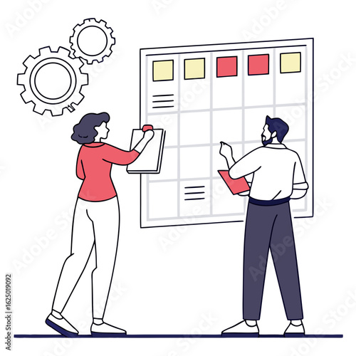 Two professionals collaborating on a project plan using a kanban board with sticky notes and gears symbolizing teamwork