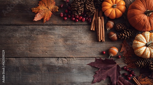 Fall Decor with Pumpkins, Leaves and Cinnamon on Rustic Wood