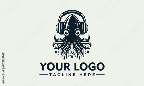 Cartoon octopus wearing headphones, depicted in a stylized, monochrome illustration.