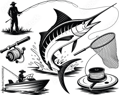 Monochrome sport fishing illustration set featuring a powerful jumping marlin, angler, boat, and fishing gear.