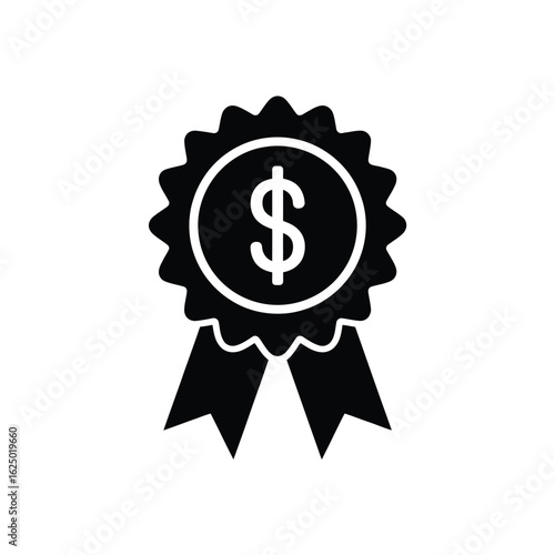 Black and white award ribbon with dollar sign symbolizing financial success and achievement