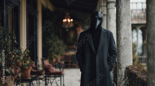 Lonely man in elegant crow mask on autumn terrace