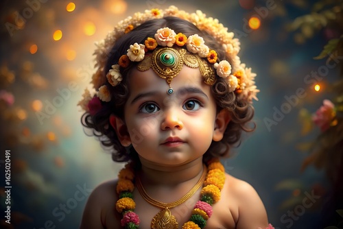 Adorable baby krishna adorned with flowers and jewelry