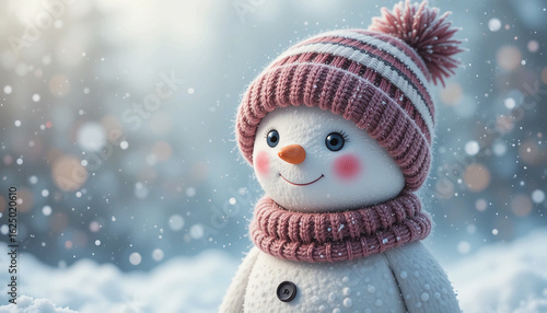 Adorable snowman with rosy cheeks and a striped knitted beanie, soft pastel winter background, delicate falling snow, warm and dreamy Christmas mood, kawaii style