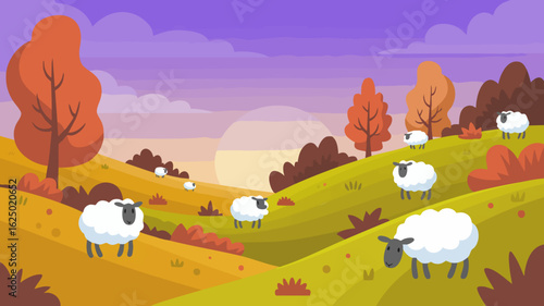 Vector SVG Illustration of Sheep Grazing on Autumn Hills with Trees in Flat Modern Style