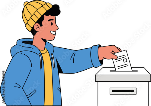 Smiling young person casts a ballot into a voting box.