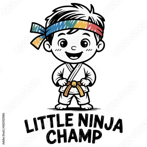 Karate martial art boy with little ninja champ award logo mascot character
