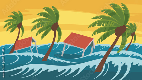 Vector SVG Illustration of Flooded Island Scene with Palm Trees and Beach Huts in Modern Flat Style with Bright Colors