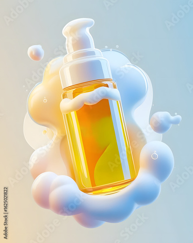 Playful children’s hair serum design with rounded transparent bottle, cheerful yellow-orange color, foam details, set against soft creamy white and blue gradient background, clean and modern style