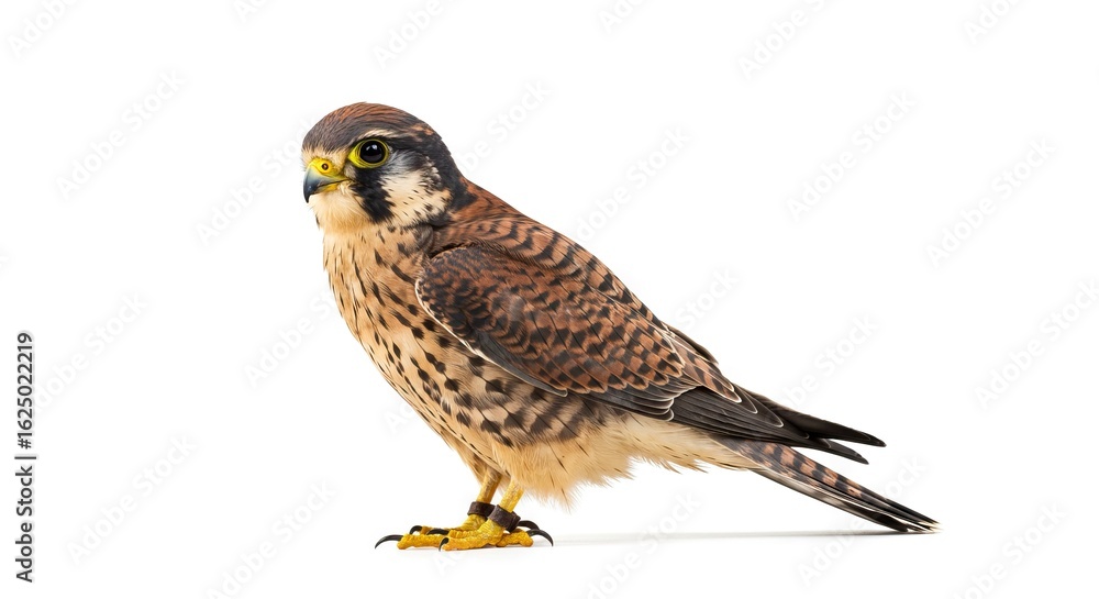 Obraz premium A brownfeathered falcon stands on its yellow feet on a white background