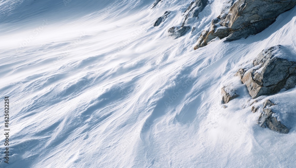 Fototapeta premium Close-up of wind-sculpted snow on a mountain slope. Layers of white snow, sculpted by wind, flow down the side of a rocky cliff face. Sunlight casts subtle shadows