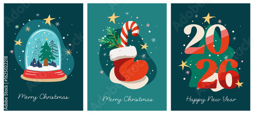 Creative New year and happy merry Christmas 2026 set of vertical cards, banner, poster, greeting, winter event, December holidays cover, modern vector illustration