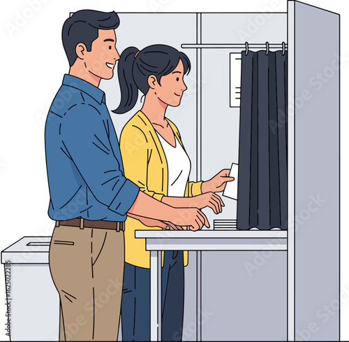 Couple casting ballots together at a polling station, demonstrating civic engagement and participation in democratic process.