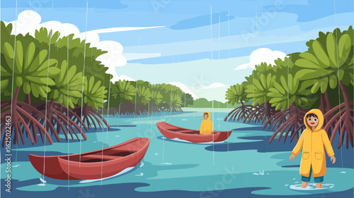 Vector SVG Illustration of Rainy River Scene with Canoes and Person in Yellow Raincoat in Modern Flat Style
