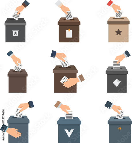 Diverse hands insert ballots into various ballot boxes, symbolizing the democratic process of voting.