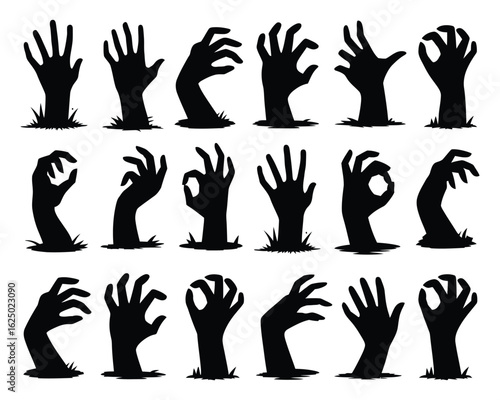 Spooky monster hands emerging from the ground. A set of black silhouette vector graphics for Halloween.