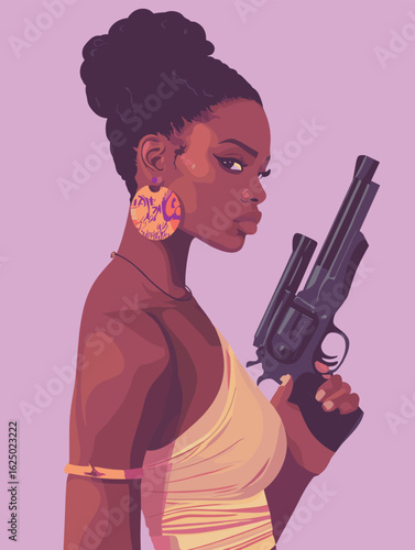 African woman in urban streetwear holding dual revolvers, graffiti-style earrings vector