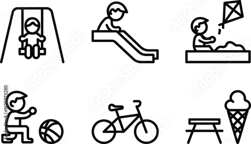 Black line art icons depicting child on swing slide kite ball bike picnic ice cream