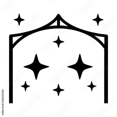A minimalist design depicting a starfilled sky under a canopy structure