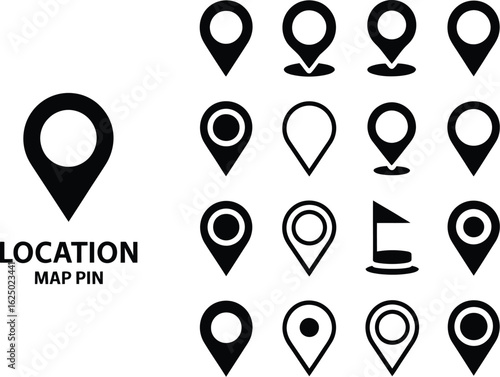 Vector graphic collection of diverse black location marker and map pin icons for GPS, navigation, and destination points.