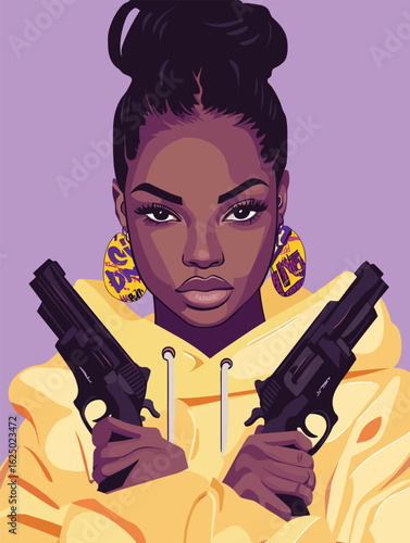 African woman in urban streetwear holding dual revolvers, graffiti-style earrings vector