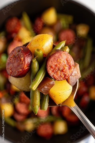 Close-up of sausage, potatoes, and green beans in a skillet