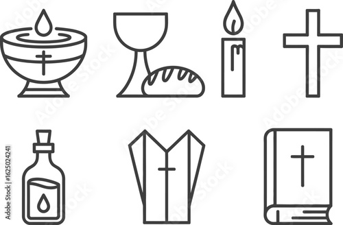 Christian Icons Set Line Art, Bowl, Chalice, Bread, Candle, Cross, Bible, Oil, Vestments