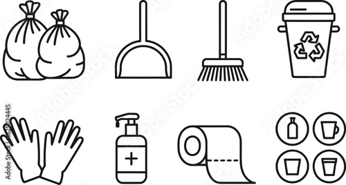 Cleaning Outline Icons Set Trash Bags, Gloves, Sanitation, and Recycle Bin on Transparent