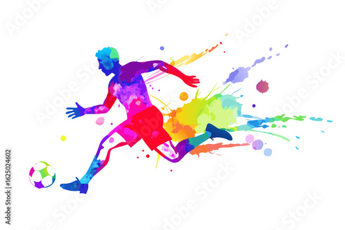 Colorful soccer player kicking ball with paint splashes