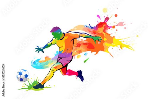 Colorful soccer player kicking ball with paint splashes
