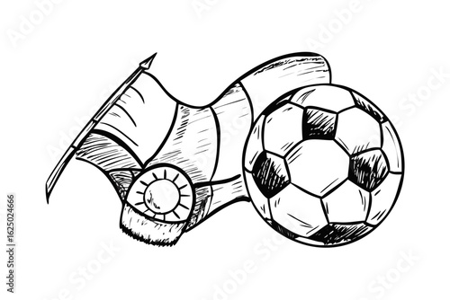 Sketch of a soccer ball next to a referee s whistle