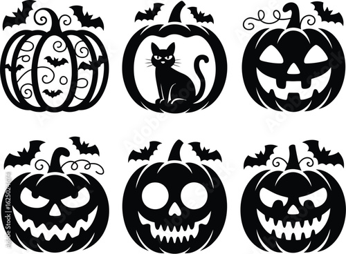 Collection of six black Halloween pumpkin silhouettes. Spooky jack-o'-lanterns with carved faces, bats, and a cat design.