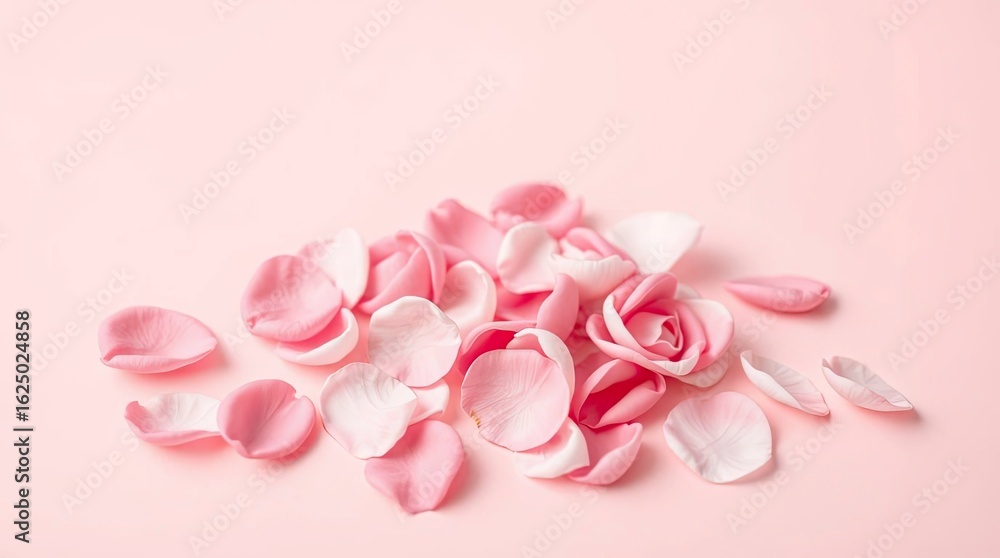 Pink white petals are scattered creating a delicate floral arrangement on a soft pink surface Pink white petals are scattered creating a delicate floral arrangement on a soft pink surface