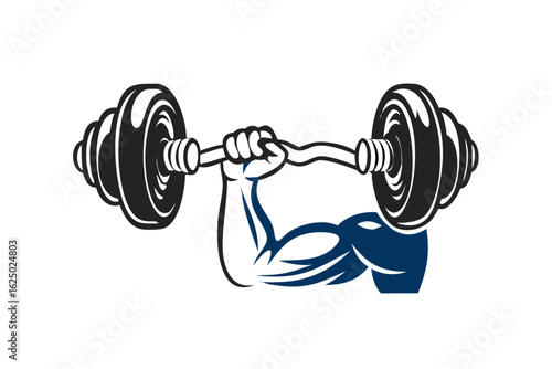 Strong arm lifting a heavy barbell with weights