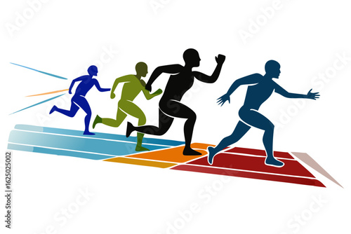 Diverse runners in colorful lanes on a track competing