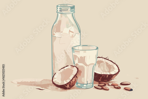Vector illustration of coconut water in a glass and bottle, split coconut on a beige backdrop