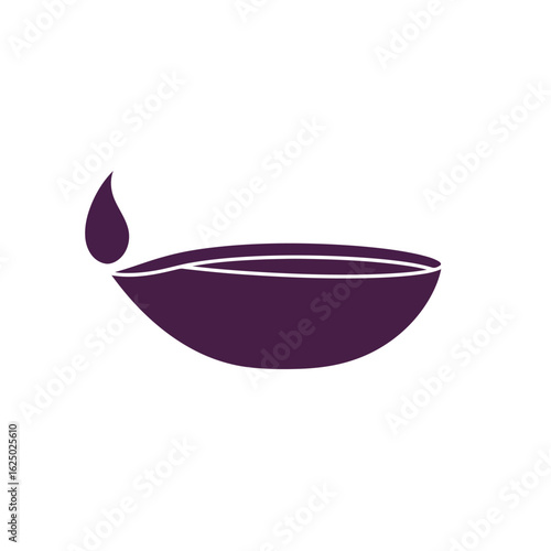 Vector art of a stylized purple icon of a traditional oil lamp with a glowing flame, representing light and warmth, isolated on white background